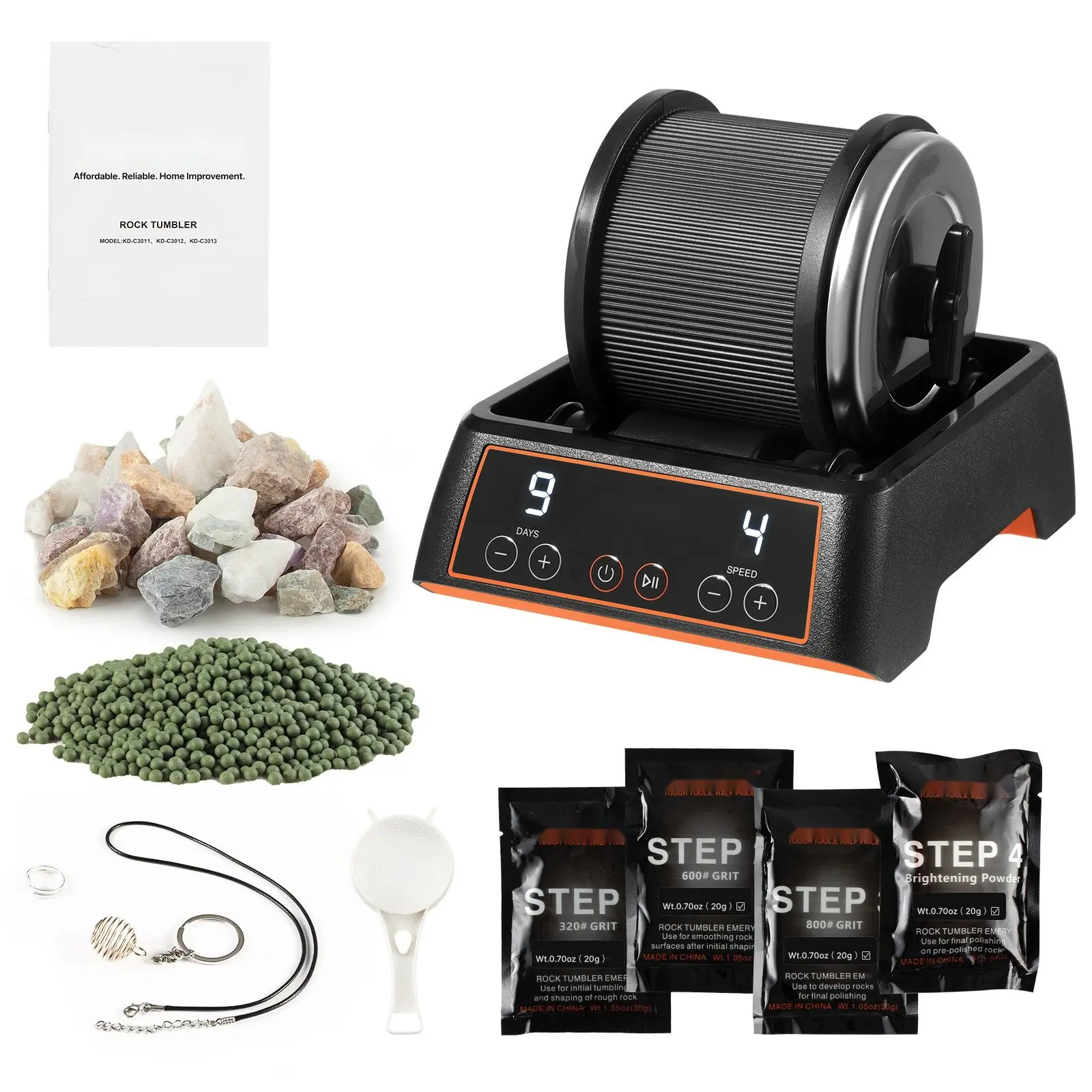 Rock Tumbler Machine, 1-Lb Rock Polishing Kit With 4-Speed Adjustment, Rotary Polisher For Rocks, 1–9 Day Timer, Direct-Drive Motor, Quiet Operation, Suitable For Rose Quartz, Amethyst, Quartz, Jasper, And Other Gemstones