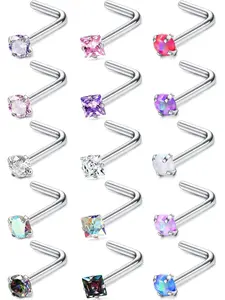 Hypoallergenic Nose Rings Set, 15 Pcs 18g & 20g Stainless Steel, L-Shaped Screw Studs with Cz Stones, Unisex Body Jewelry, Nose Piercings Kit