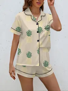 Women's Pineapple Print Sleepwear Pajama Set, Casual Fitted Short Sleeve Top & Elastic Shorts, All-Season Home Wear Loungewear, Cute Style
