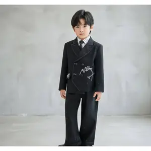 Vintage Suit with Starry Sky Embroidery Vest for Boys, Stylish Design Suit Jacket for Flower Boys' First Birthday Celebration.A Festive Gift for Kids, Special Price Outfit for Boys, 4pcs Set (Suit + Vest + Pants + Tie)