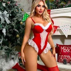 Women's Christmas Red & White Lace Lingerie Set Includes Headband and Stockings Festive Holiday Outfit