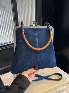 Niche denim patchwork design shoulder messenger bag, Fashionable casual bag, metal buckle closure fashion versatile shoulder bag, retro casual practical multi-color optional, suitable for daily commuting, shopping and dating, Denim Shoulder Satchel