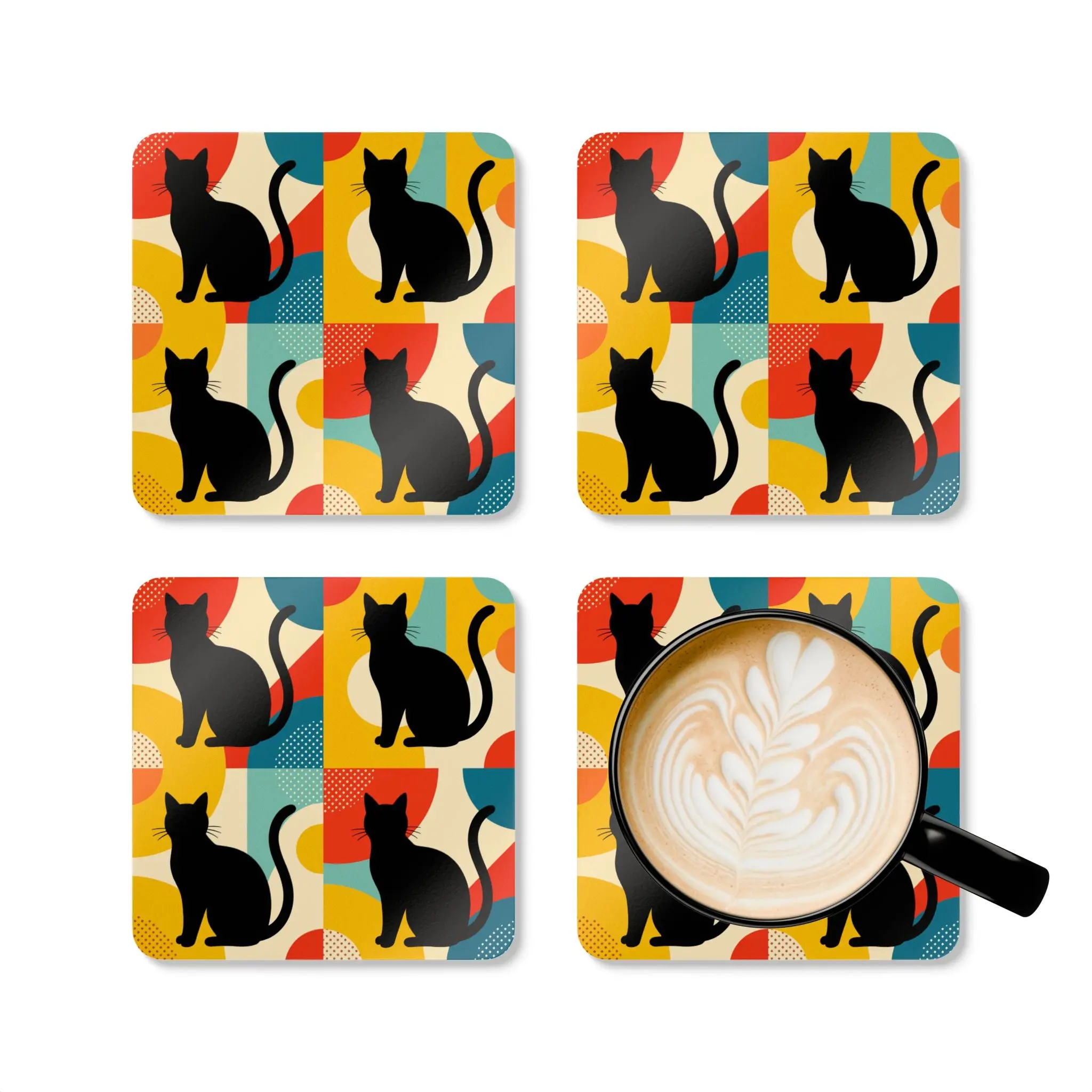 Pop Art Black Atomic Cats Corkwood Coaster Set