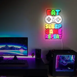 Eat Sleep Game Repeat LED Neon Sign, Designed for All Gamers and Video Game Lovers, Modern Fashion Art Decoration, Bedroom, Men's Cave Wall Decoration Light.