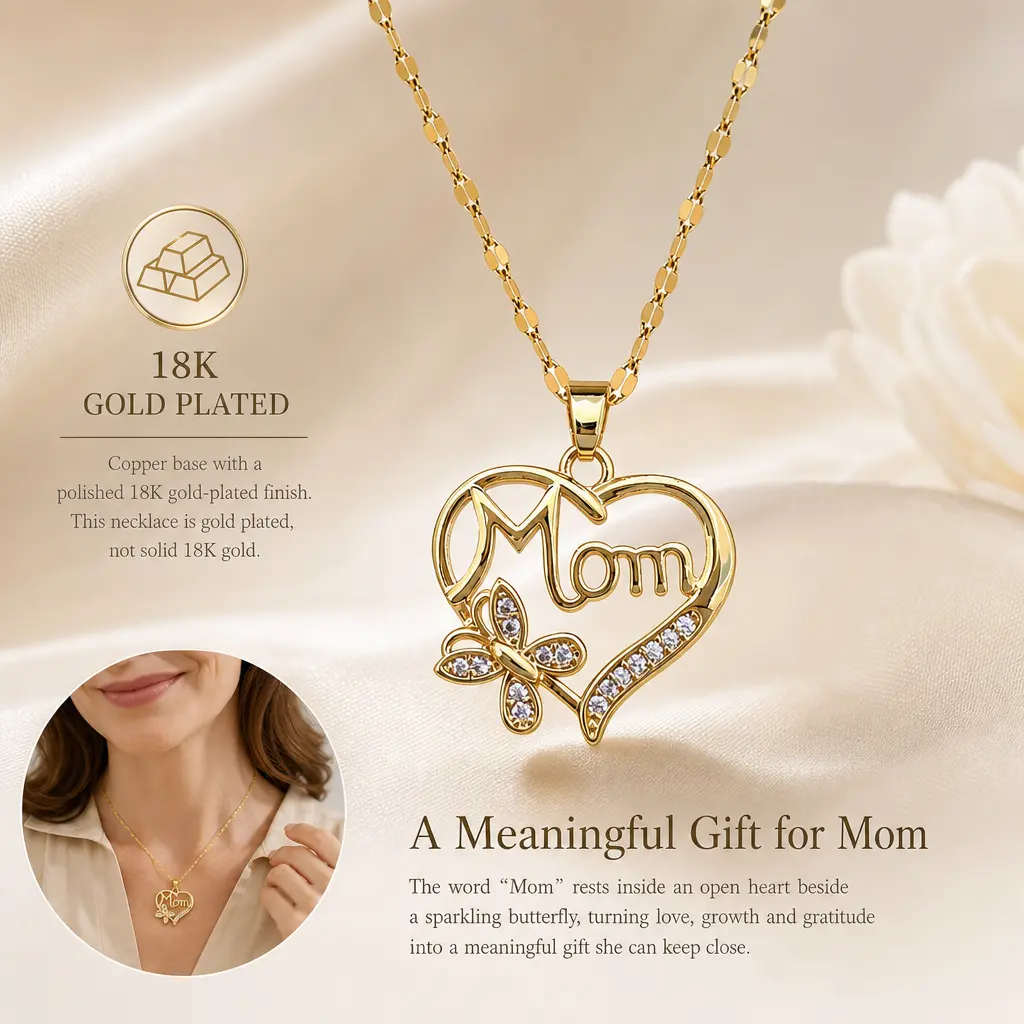 18K Gold-Plated Copper Mom Heart Necklace with Butterfly and Clear CZ Accents, Meaningful Mother’s Day, Birthday and Appreciation Gift for Mom