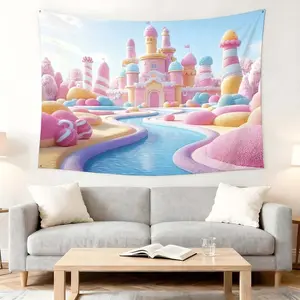 1pc Whimsical Candyland Castle Tapestry for Wall Decor - Perfect for Bedroom, Living Room & Study - Enhance Your Space with Pastel Fantasy Scenery
