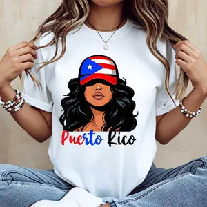 Puerto Rico Flag Woman Graphic Tee Patriotic Heritage Aesthetic Streetwear Soft Breathable Cotton T-shirt for Women Casual Daily Wear Cultural Parade Gift Idea Trendy Flag Print Top Regular Fit Comfortable Summer Apparel Outfits