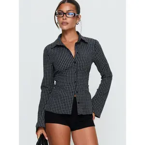 Eryx Tie Back Button Up Top Black Check