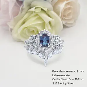 Two Piece Set Chevron 1.21 Carat Lab Alexandrite Ring Bridal Band Wedding Oval Shape 925 Sterling Silver 21mm