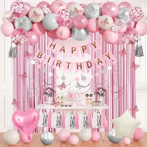 Birthday Party Decorations for Women Girls,Happy Birthday Banner,Fringe Curtains, Butterfly Decorations, Swirls,Circle Dots,Tassels Pompoms, Balloons Foil  Balloons