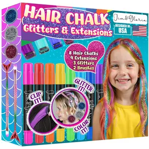 Jim&Gloria Dustless Kids' Temporary Hair Color Chalk Set for Girls Washable with Clip in Hair Extensions, Brushes, Glitters, Gifts for Teen Girls