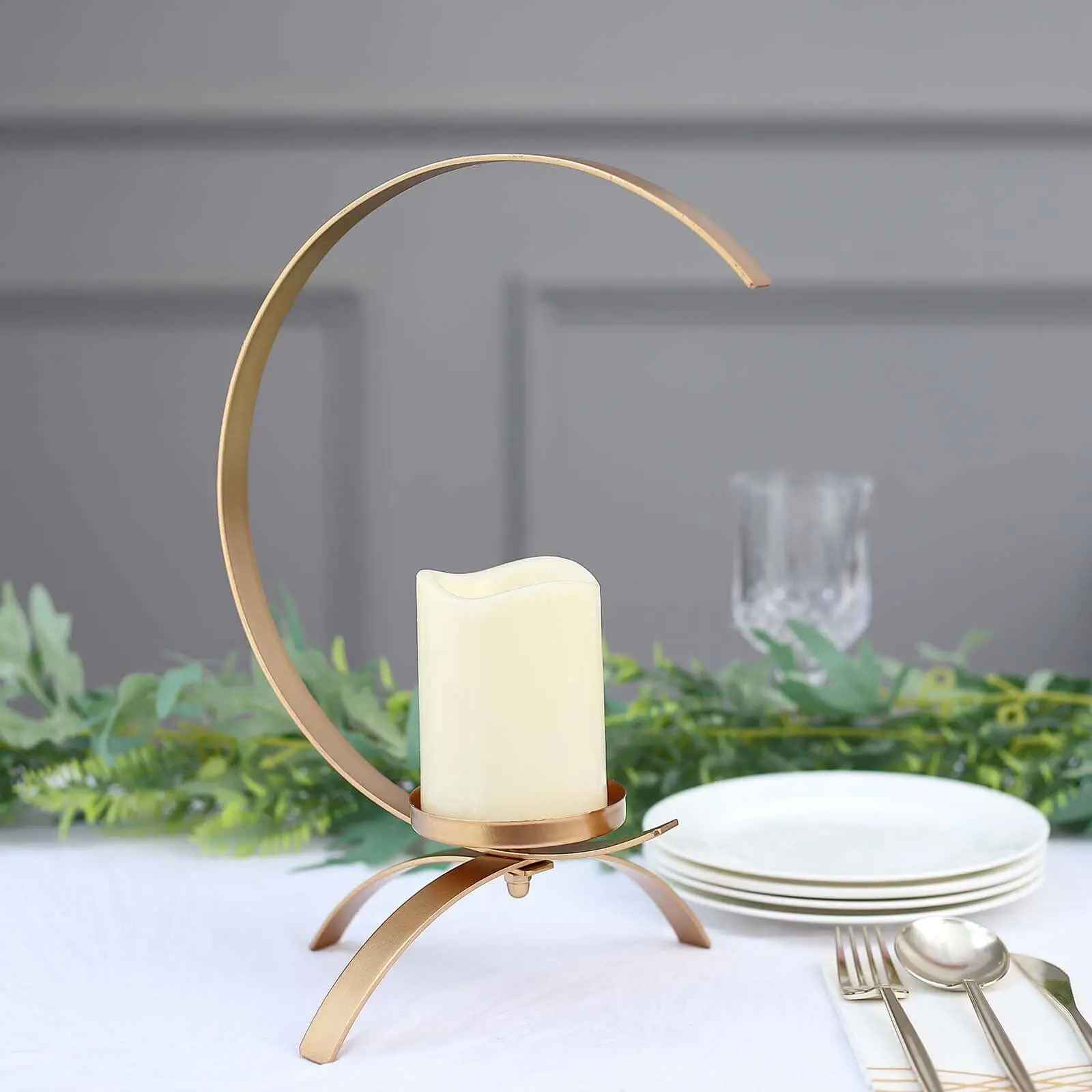 13" Gold Metal Moon-Shaped Pillar & Tealight Enclosure Candle Holder Set, Home Accessories, Table Decor for Wedding Table Centerpiece, Kitchen & Office Home Decor Piece