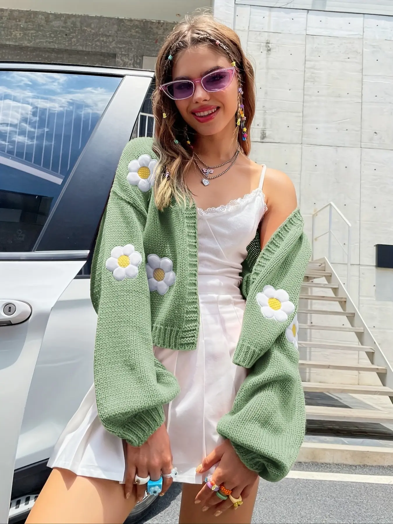 Women's V Neck Daisy Floral Embroidered Knit Cardigan, Lantern Sleeve Soft Cropped Sweater Coat, Casual Fall & Winter