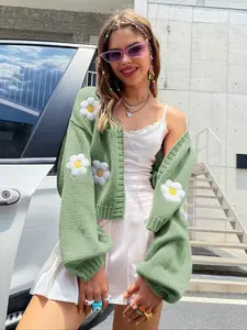 Women's V Neck Floral Embroidered Knit Cardigan, Lantern Sleeve Soft Short Sweater Coat, Casual Fall & Winter Knitwear