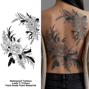 Peony chrysanthemum full back tattoo waterproof temporary tattoo sticker magic tattoo lasting 7-15 days classical aesthetics herbal juice semi permanent tattoo simulation tattoo