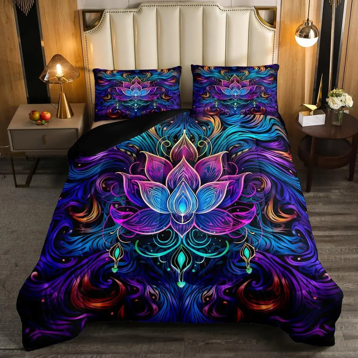 Bohemian Lotus Bedding for Adults Hippie Paisley Comforter Set,Tribal Florals Bedding Set,& Collections Exotic Style Down Comforter Gradient Flower Bed Set,Breathable Soft