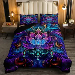 Bohemian Lotus Bedding for Adults Hippie Paisley Comforter Set,Tribal Florals Bedding Set,& Collections Exotic Style Down Comforter Gradient Flower Bed Set,Breathable Soft
