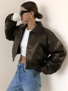 Women's Vintage Style Short Leather Jacket, Loose Fit Motorcycle Jacket, Casual Fashion Design, Comfortable and Durable for Outdoor Activities, Lady Tops