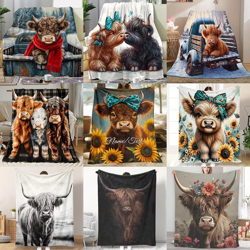 Highland Cow Pattern Soft Blanket, Cow Print Blanket, Cool Bedroom Bedding Blankets, Air-conditioned Room Blanket, Warm Nap Blanket for Home Office Travel Camping