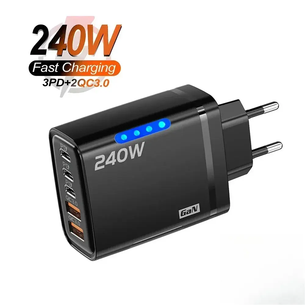 240W GaN USB C Charger 5 in 1 Fast Charging Phone Charger Power Adapter For iPhone Samsung Xiaomi Type C EU/US Plug Wall Charger Nano Travel Multifunctional 4-in-1 set block