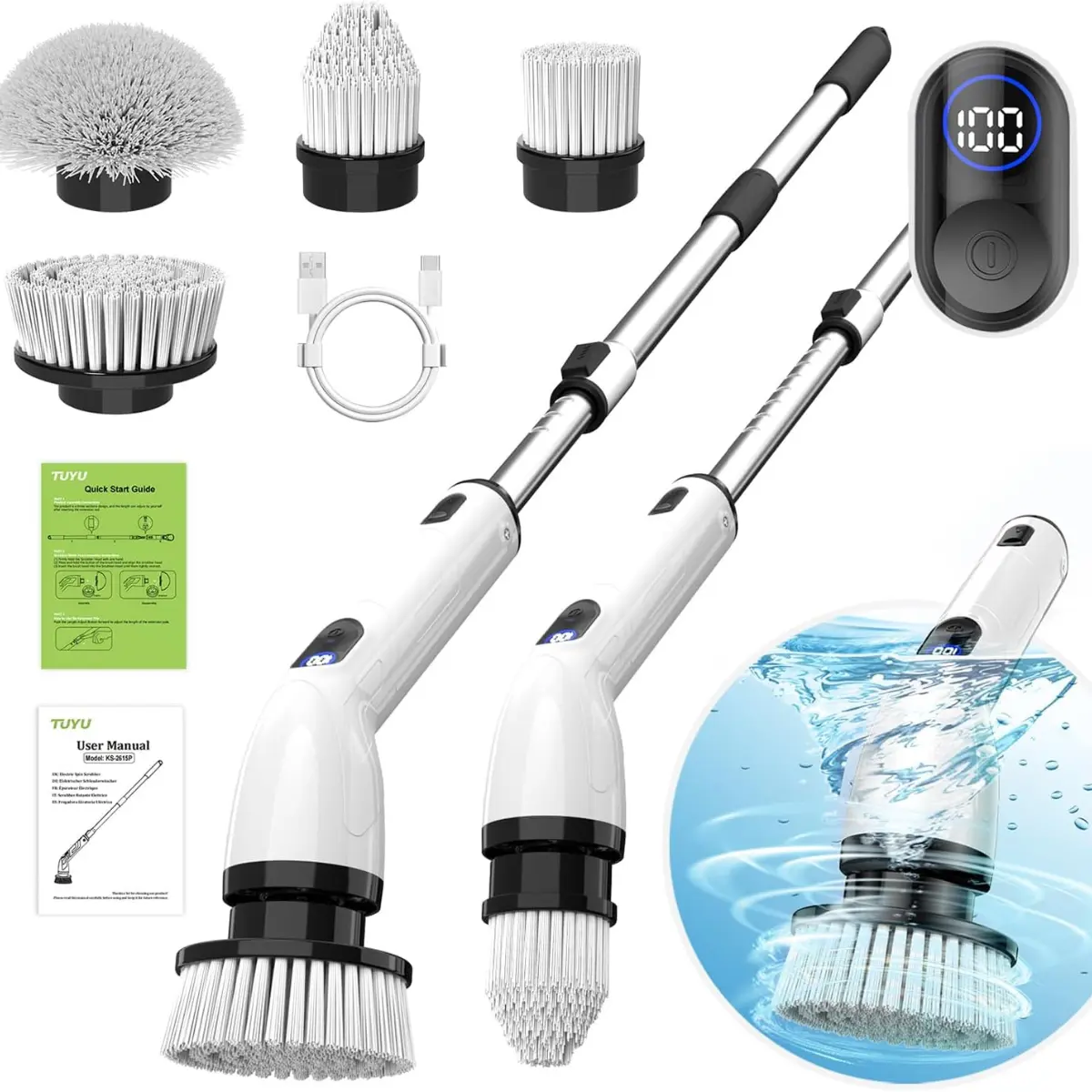 TUYU Cordless Electric Spin Scrubber – 450rpm Motor, IPX7 Full-Body Waterproof Bathroom Cleaner, Power LCD Display, Extends 26-45" Adjustable Handle, Type C Port, Seniors Friendly Handheld Household Appliance for Bathtub Cleaning