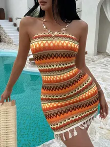 Women's Strapless Boho Chic Vacation Dress with Waistband Hem Patchwork Design, Elegant Ethnic Pattern, Bohemian Summer Dresses, Perfect for Summer Holidays