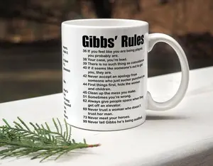 Gibb's Rules Mug 11oz & 15oz Ceramic Coffee Cup with Durable White Finish & Comfortable C-Handle Dishwasher Safe Gift for Friend