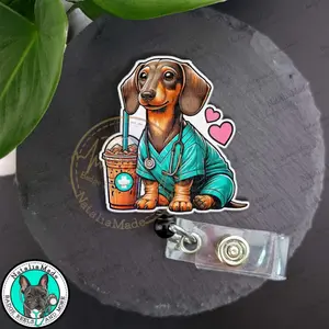 Dachshund Scrubs Retractable ID Badge Reel, Cute Wiener Dog with Coffee Nurse RT Badge Holder, Heavy Duty Reel, Lanyard, Carabiner, MRI Safe