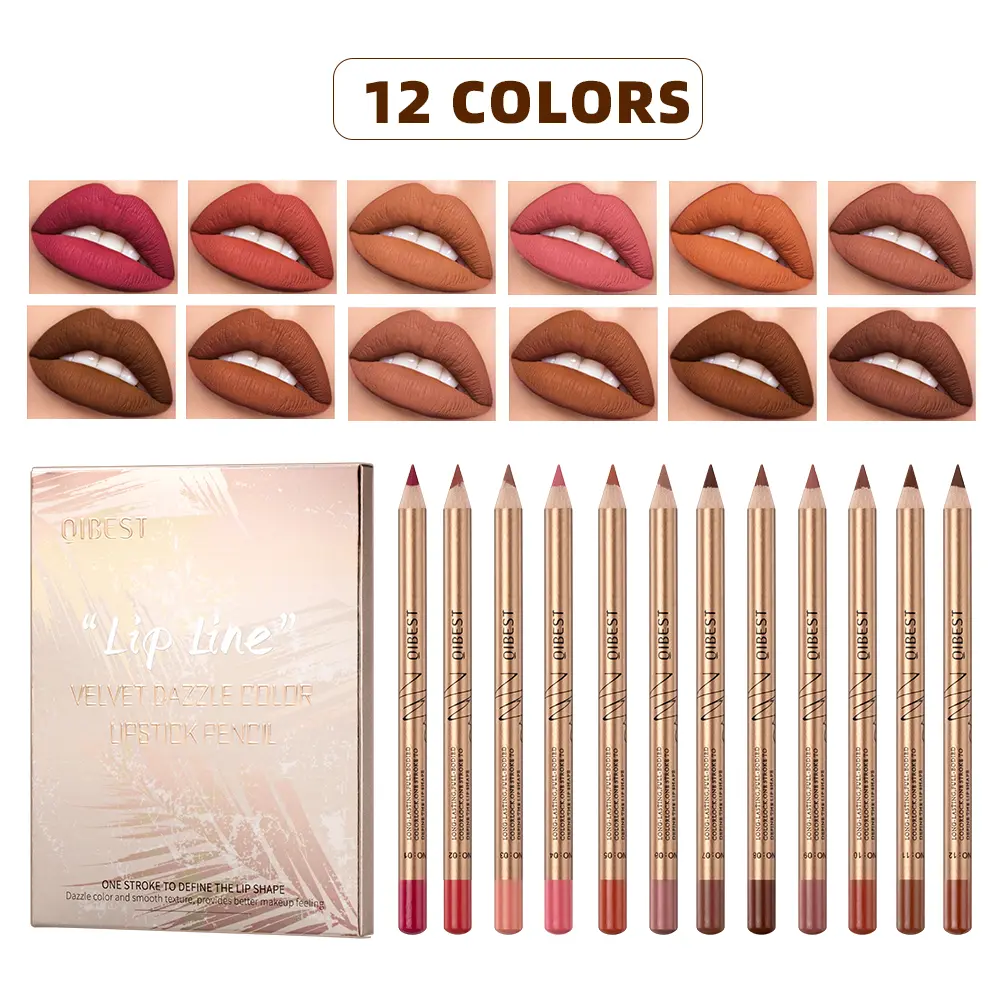 Qibest 12 Colors Lip Liner Set Matte Lip Contour Pencil Waterproof Smooth Makeup, Long Lasting High Pigment Silky Nude Brown Lip Pencil for Women Cosmetic Kits