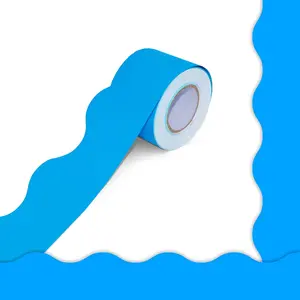 60 Feet Bulletin Board Borders, Pure Blue Scalloped Rolled Border Trim with Wavy Line Design for School, Classroom & Offices