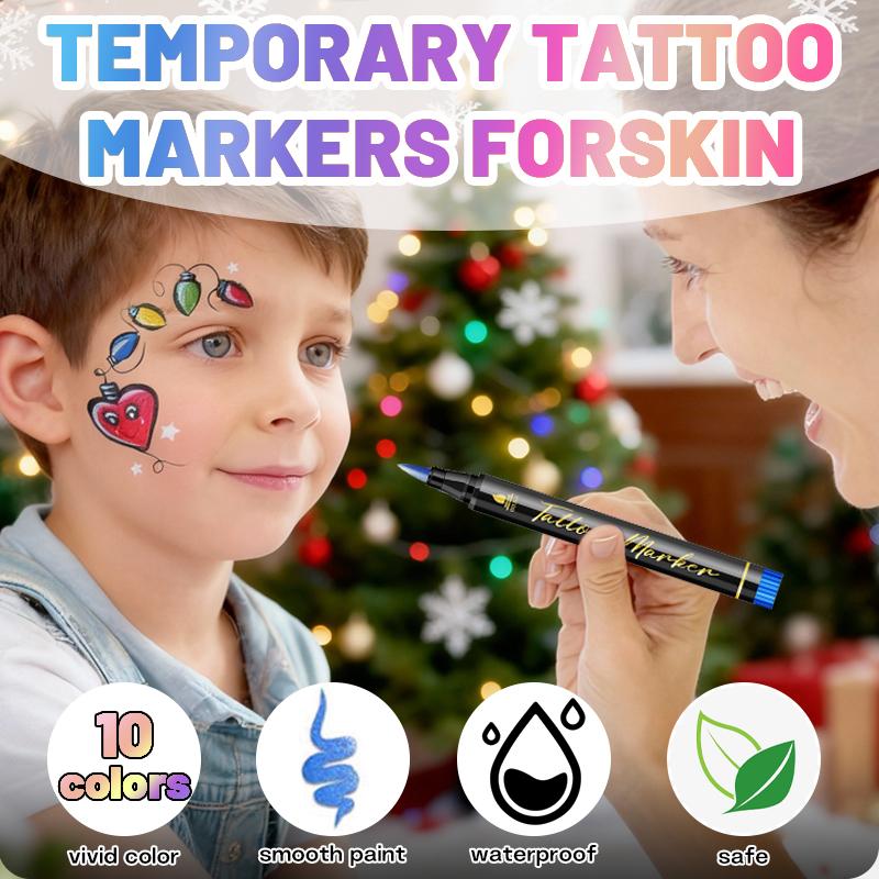 10PCS Temporary Tattoo Markers  for Skin Body Markers 10 Colors Tattoo Pens 5 Stencils Waterproof Sweatproof Long-lasting Face Paint Kit Cosmetic Quality Easy To Remove Perfect for Parties Festive Gifts Halloween Makeup Christmas Gifts