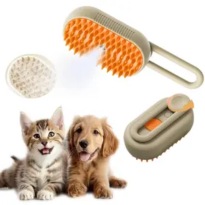 Cat Steam Brush, 3 in 1 Pet Spray Hair Removal Comb, Cats and Dogs Brush for Shedding, Rechargeable Silicone Pet Steam Brushes, Spritz Defur Comb for Massage, Cleaning and Remove Loose Hair - Khaki