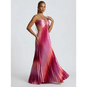2026 Pink Ombre Pleated Satin Cutout Backless Maxi Dress with Halter Neckline & Open Tie-Back Design for Formal Events - Fabric long formaldresses