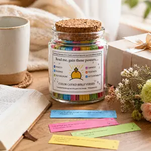Christian Inspirational Bible Verse Jar, Faith Encouragement Gift with Color Coded Scripture Cards