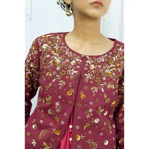 Burgundy hand-embroidered cropped jacket--=%2=- casual=%2=----=%2=- coat=%2=-- casual coat