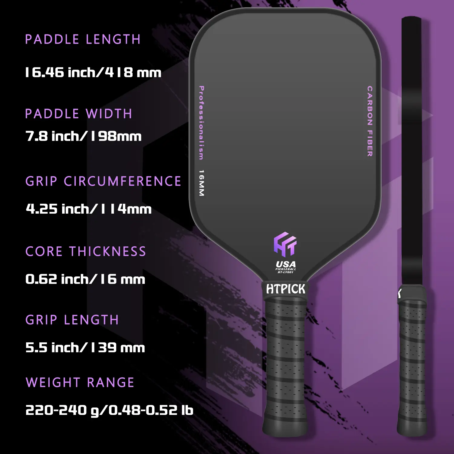 HTPICKT Entry-Level T700 Carbon Fiber PickleballRacket-Purple & Black Logo, Cold-Pressed ClothTexture,High-Density Feel, Shock-Absorbing,Offensive-Type with Fast Swing Carbon Fiber HighFriction Pickleball Paddle