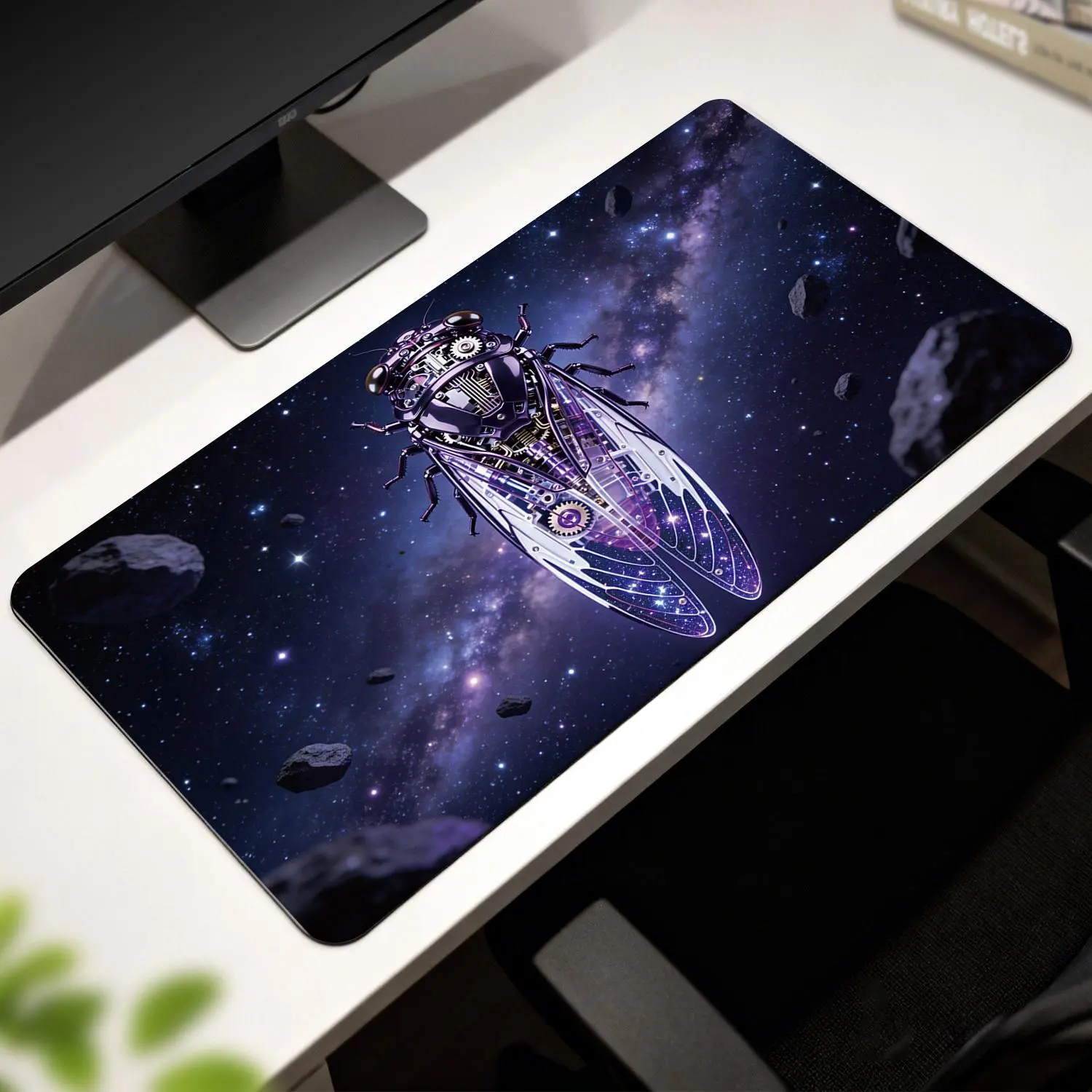 LIVEKEY Steampunk Cyberpunk Mechanical Cicada Mouse Pad 31.5x15.75in (80x40cm) Large Gaming Desk Mat  Non-Slip Reinforced Edges Comfortable Surface Office Decor​