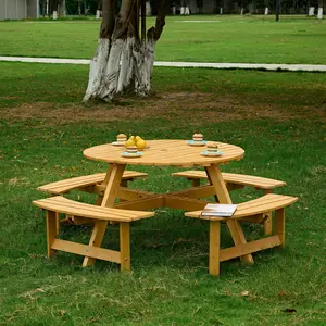 Outdoor 8 Person Picnic Table, 8 person Round Picnic Table with 4 Built-in Benches, Umbrella Hole, Outside Table and Bench Set for Garden, Backyard, Porch, Patio
