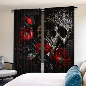 Skull Peony Curtain Set, Gothic Luxurious Style, Perfect for Trendy Bedroom Decor, Party Setting Drapes, Window Treatment, Home Decoration Curtain
