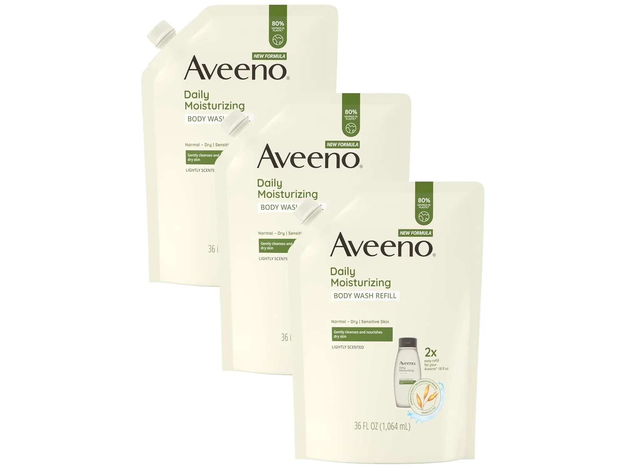 Aveeno Daily Moisturizing Body Wash for Sensitive Skin + Prebiotic Oat, Gently Cleanses, Nourishes & Feels Moisturizing Dry Skin, Light Fragrance, Refill Pouch, 36 fl. oz