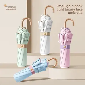 Lace three-fold curved hook umbrella, colored plastic, UV protection, sun umbrella, portable, shading umbrella