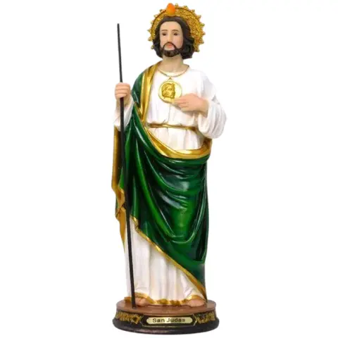 San Judas 12" Inches Tall Classic Estatua - Detailed Figure with Green and Gold Robe Vestido Tela, Glitter, Canvas Brand New Statue St Jude Thaddeus Patron Saint of the impossible Apostol Tadeo Religious Decor San Juditas
