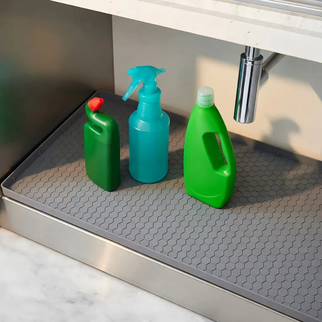 Gray Silicone Under Sink Mat - 28"x19" Waterproof Oil-Resistant Drip Tray with Raised Edges, No-Install Flexible Liner for 30" Cabinets, Easy-Clean Protector for Kitchen, Gardening, Bathroom, Laundry Sinks, Maximizes Storage Space