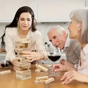 Party Entertainment Wooden Tower Block Game, 54-Piece Classic Pine Wood Set, Build Push Roll, Strategic Play & Room Decoration