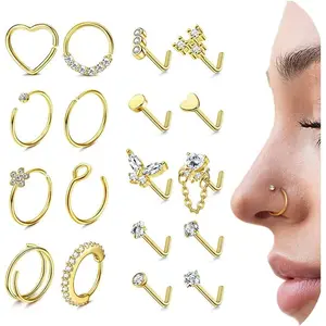 18g 20g  Stainless Steel Nose Rings Hoop L Shape Nose Studs Cute Heart Square CZ Nose  Screw Nostril Piercing  for Women Men  14K  Filled