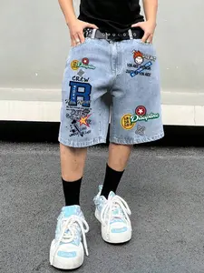 Summer Vintage Denim Shorts for Men - Wide Leg Baggy Jean Shorts with Letter Print Graffiti, Casual High Street Hip Hop Style Short Pants for Vacation, Parties and Urban Skateboarding