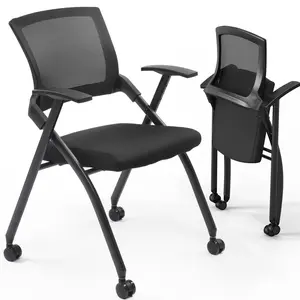 2 Pack Stackable Conference Room Chairs with Wheels, Folding Office Chair with Rebound Back, Padded Seat for Training Room, Guest, Reception, Event, Capacity 350lbs, Black