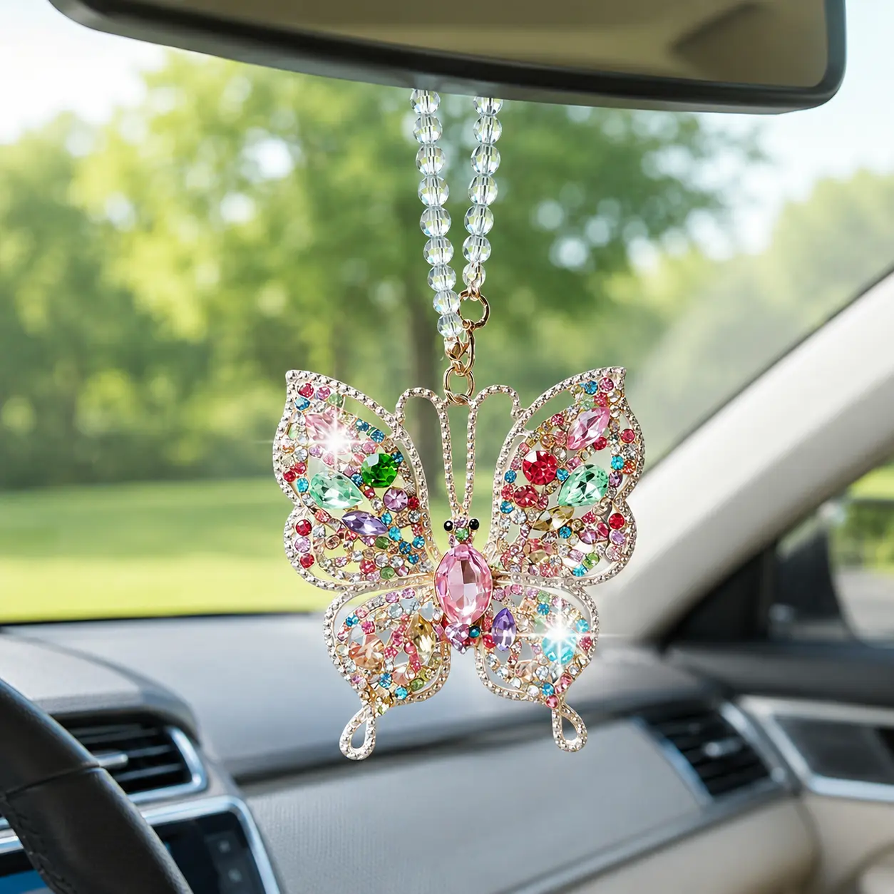 Creative Rhinestone Butterfly Car Rearview Mirror Hanging Charm Bling Crystal Chain Hollow Pendant Cute Shiny Car Accessories Stylish Car Interior Decor Trendy Auto Decoration Practical Car Accessory Festive Holiday Gift