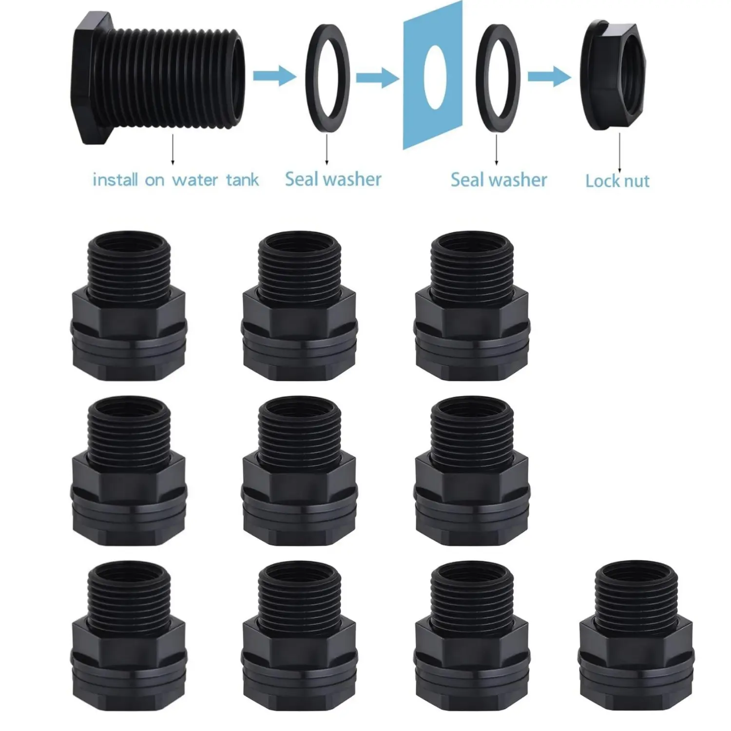 10pcs Plastic Bulkhead Fittings (2.13cm) - 3/4 GHT Male x 1/2 NPT American Standard Tapered Thread Double-Threaded Garden Hose Fittings for Rain Barrels, Water Tanks - Home Improvement Building Supplies