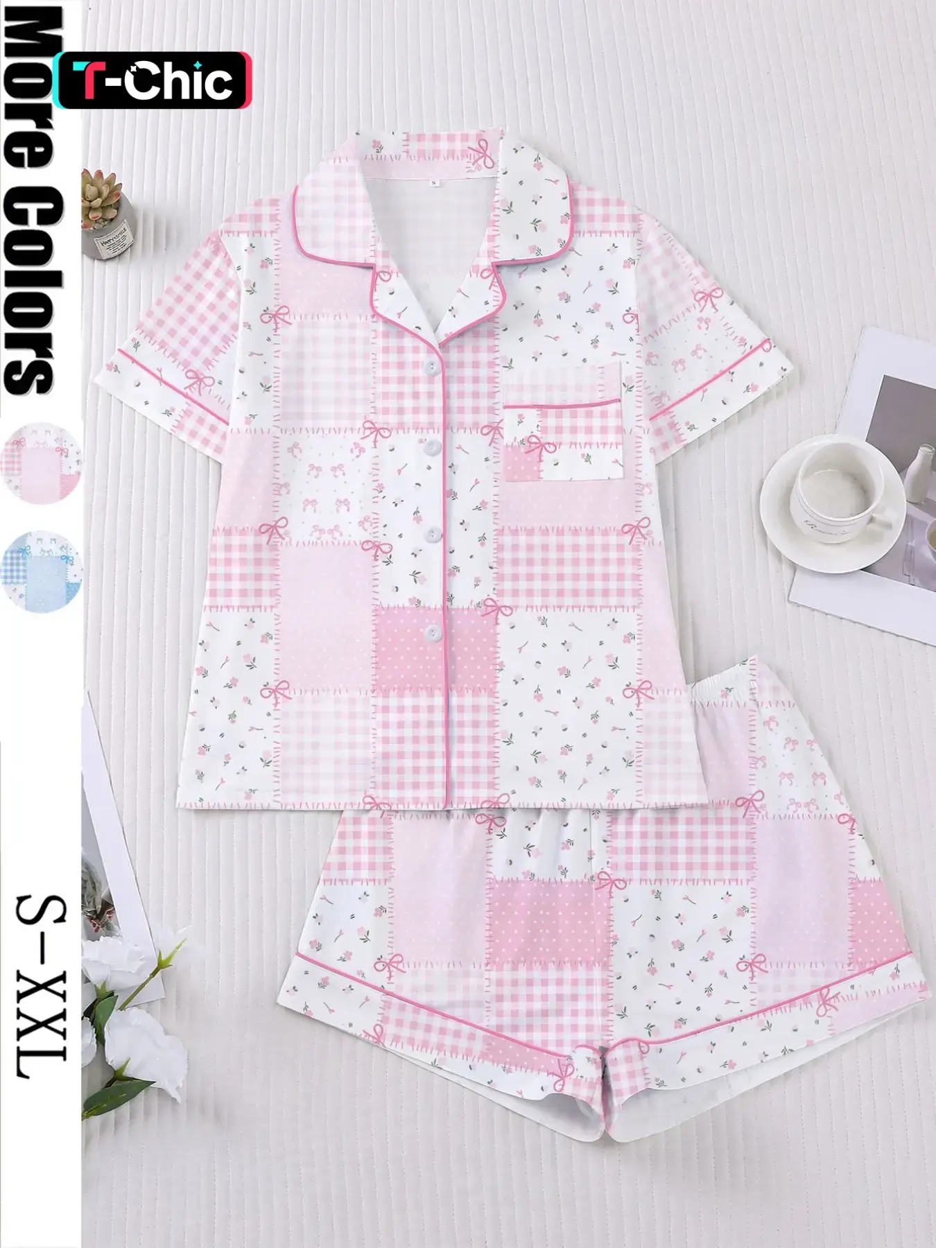 Women's Plaid Floral Bow Print Short Sleeve Shorts Fitted Matching Pajama Set, Casual Aesthetic Everyday Home Wear Loungewear Suit, Comfortable Sleepwear for Women Cute Pjs Elastic Shorts Loungewear